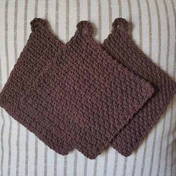 3 CROCHET DISHCLOTH WASHCLOTH 100% COTTON HANDMADE NEW DARK BROWN SET GIFT - Picture 3 of 5
